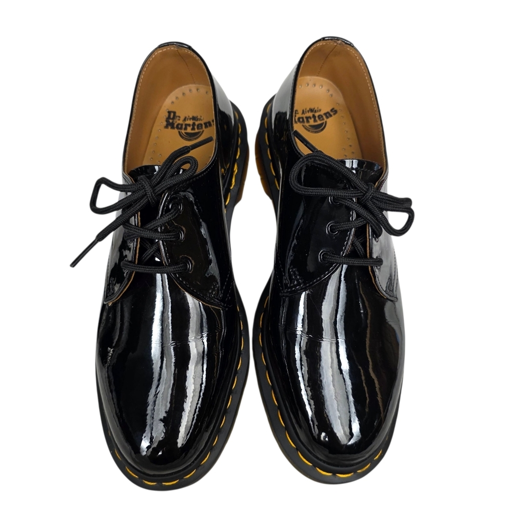 Dr. Martens Black Patent Leather 3-Eye Shoe with Yellow Stitching - Picture 2 of 12